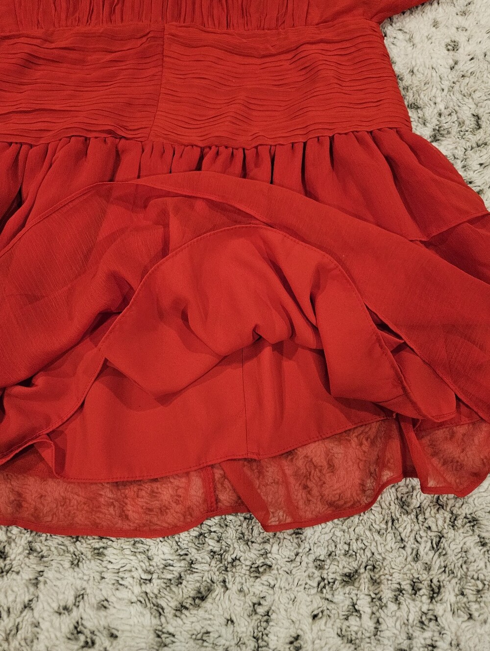 Express SZ 14 Red Mini Dress Lined Pleated Tiered Semi Sheer Balloon Sleeve - Picture 7 of 11